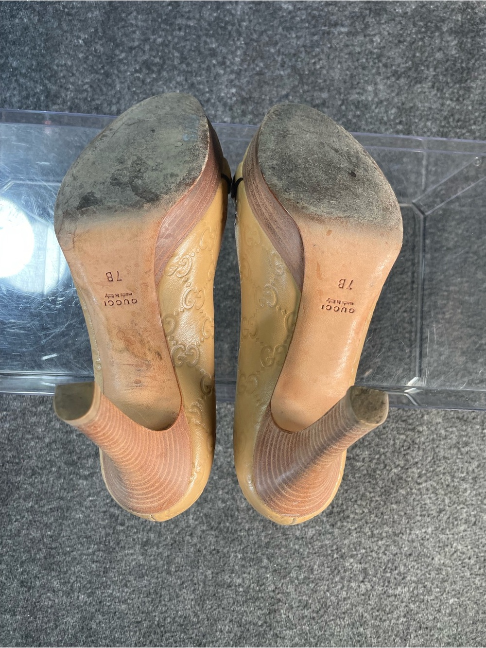 Gucci Guccisimma Horsebit Open Toe Light Sand Leather Heels Size 7 Monogram - Picture 13 of 16